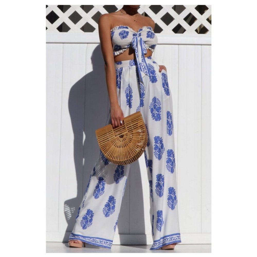 2 PC Boho Bandeau Top Wide Leg Pants Set Outfit